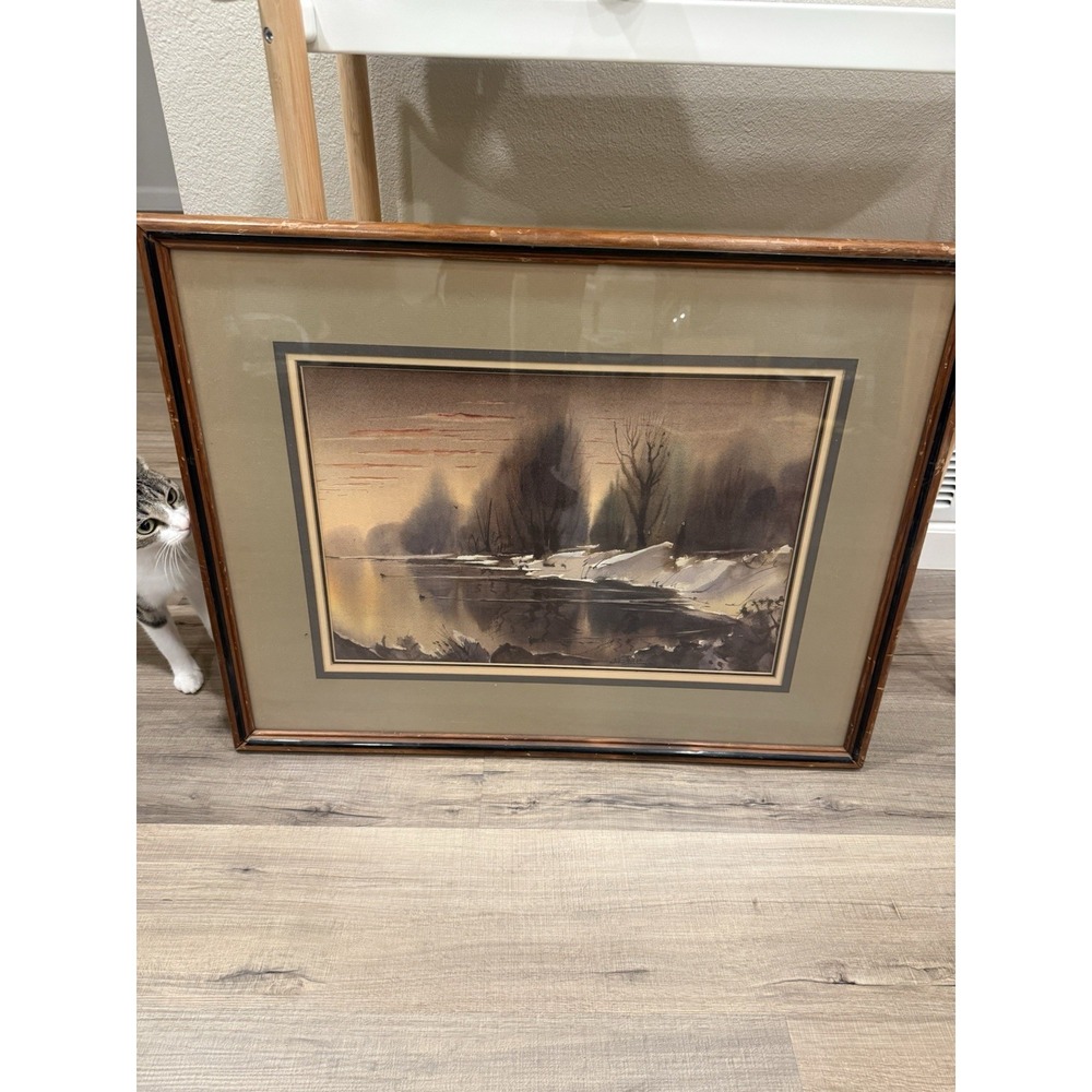 LaVere Hutchings Original Watercolor Painting Winter Sunset 20x26 Signed Framed